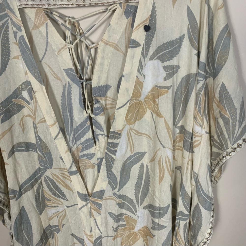 Z&L Tropical Leaf Print Kaftan Maxi Dress Metallic Embroidery Tassel - Picture 3 of 14
